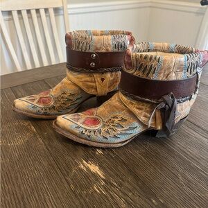 Embroidered Leather Ankle Boots with Blue and Brown Accents